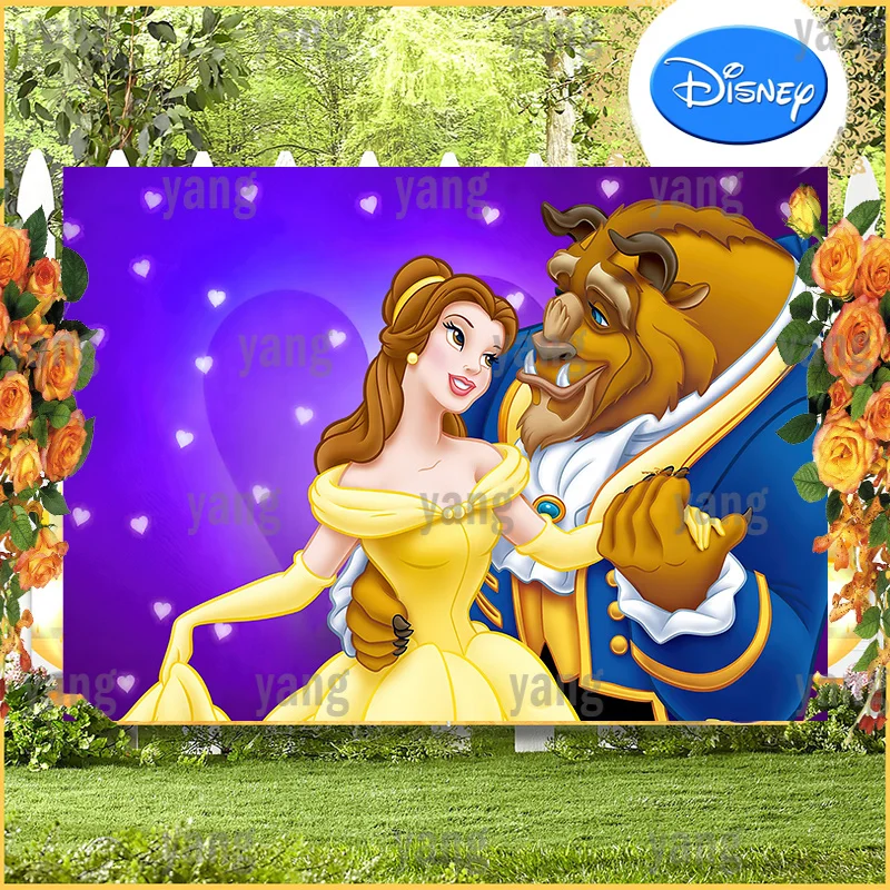 Love Heart Disney Backdrop Beauty and the Beast Belle Beautiful Princess Cartoon Decoration Background Baby Happy Birthday Party
