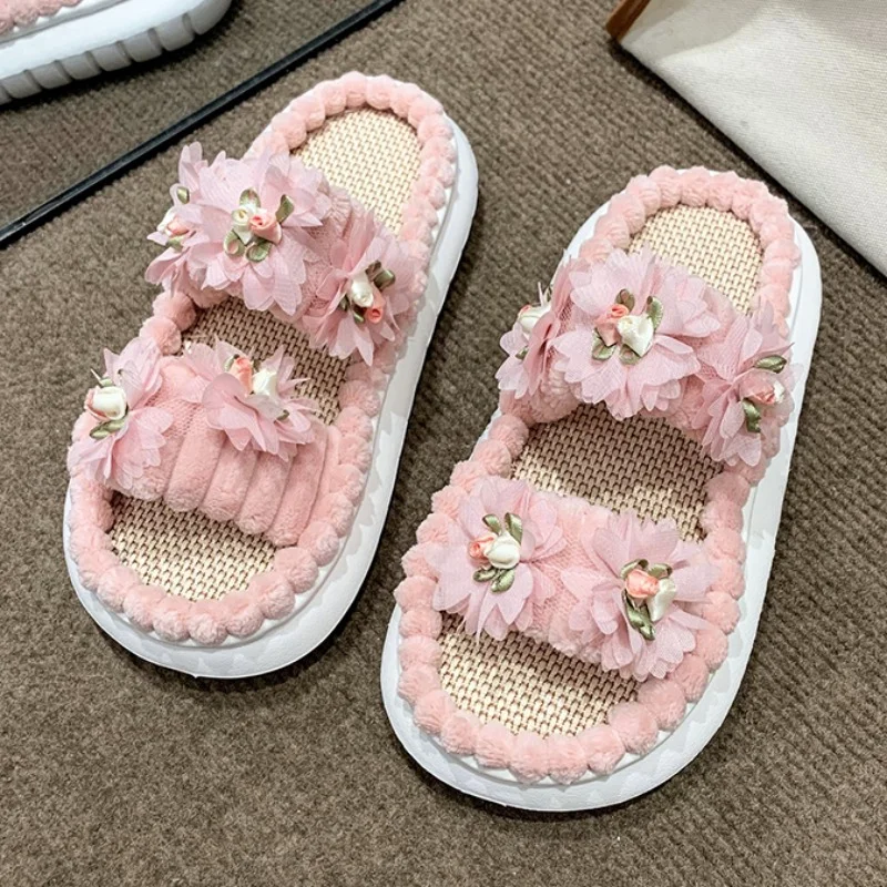 Women Thick-soled Flower Decor Sandals Summer Leisure Open Toe Sweet Lovely Outdoor Beach Slides Platform Soft Comfy Linen Shoes