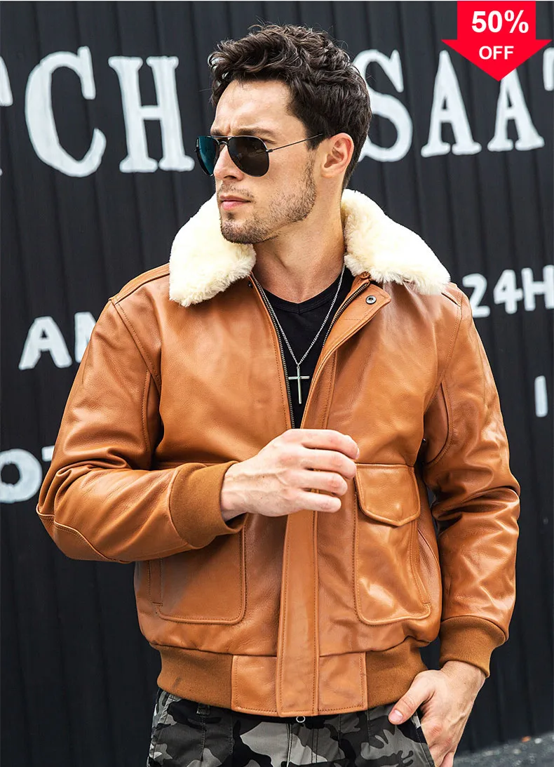 

2022 Brown Military Style G1 Pilot Leather Jacket Men Europe Size 3XL Wool Collar Real Natural Cowhide Autumn Loose Aviator Coat