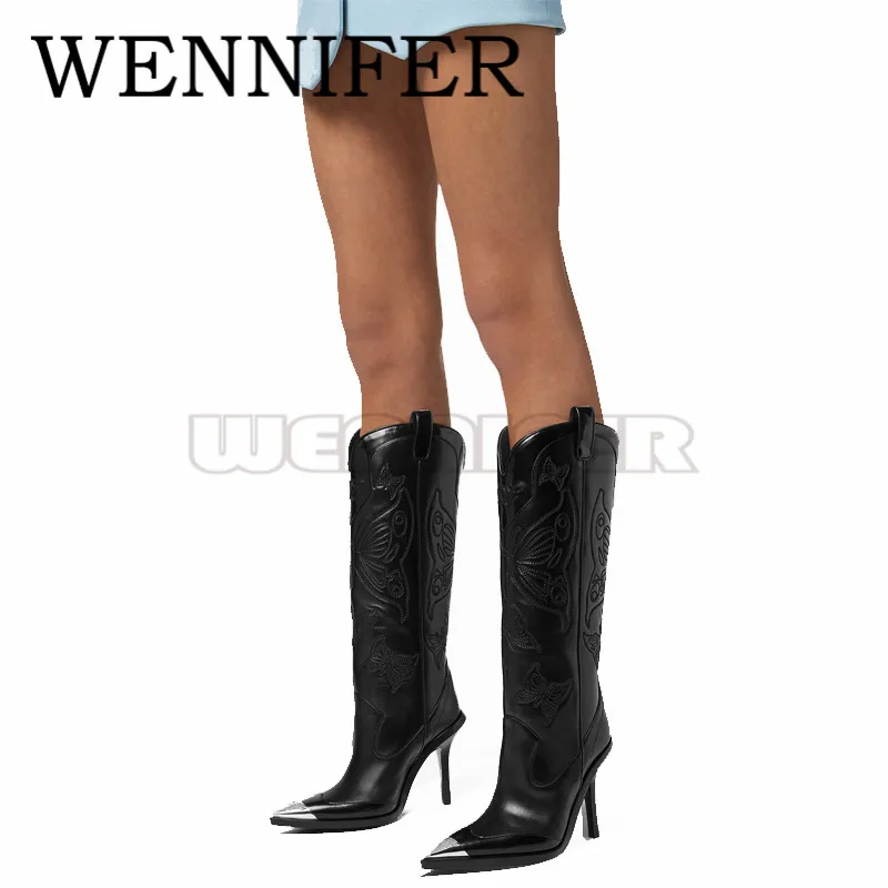 

Женские ковбойские сапоги до бедра, с острым носком и вышивкой бабочки