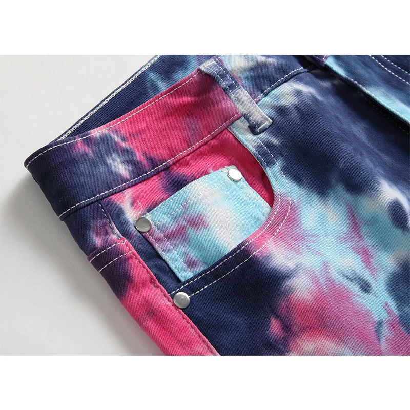 Mens Jeans High Street Fashion Tie Dyed Colorful Elastic Straight Denim Jeans Full Length Streetwear Men Jeans Belt Not Included