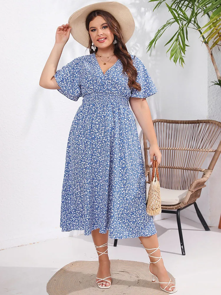 Plus Size Summer Dresses for Women 2023 Ladies Elegant Short Sleeve V Neck Blue Floral Midi Dress Casual Party Dresses Clothing