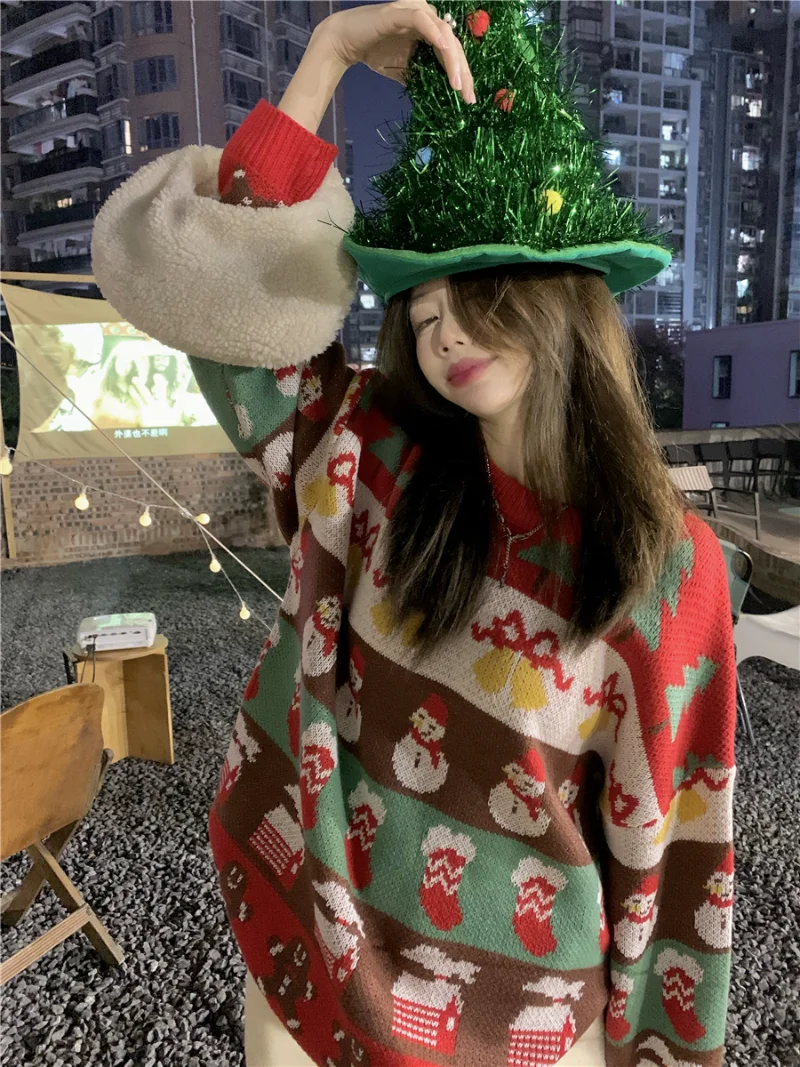 

Женский жаккардовый свитер с круглым вырезом, красный Свободный пуловер с круглым вырезом