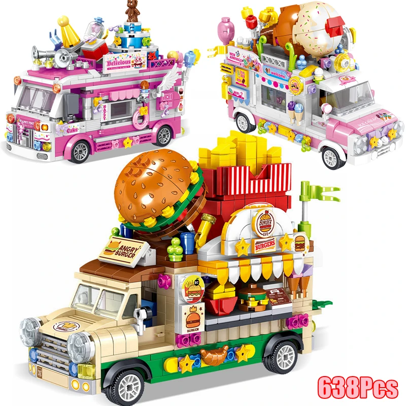 

City Street View Food Shop Ice Cream Car Building Blocks Mini Hamburg Dessert Vehicle Figurine Friends Bricks Toys For Children