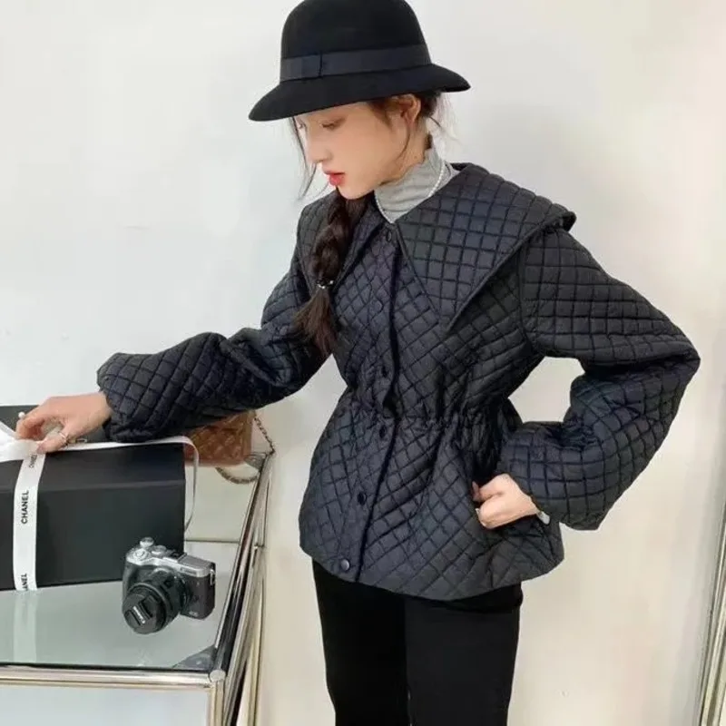 Vintage Long Sleeves Parka Mujer Single-breasted Belt Outerwear 2023 Winter Padded Jacket Women Lingge Quilted Doll Collar Coat