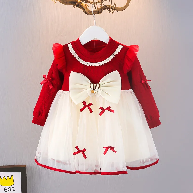 

Детское платье с длинным рукавом, кружевное Сетчатое платье принцессы с круглым вырезом и бантом, на осень-зиму, 2023