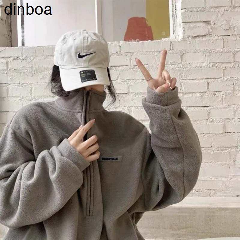 

Dinboa-Женская толстовка с капюшоном на молнии, уличная одежда в стиле Харадзюку, пуловер большого размера, теплые парные пальто, зимняя корейс...