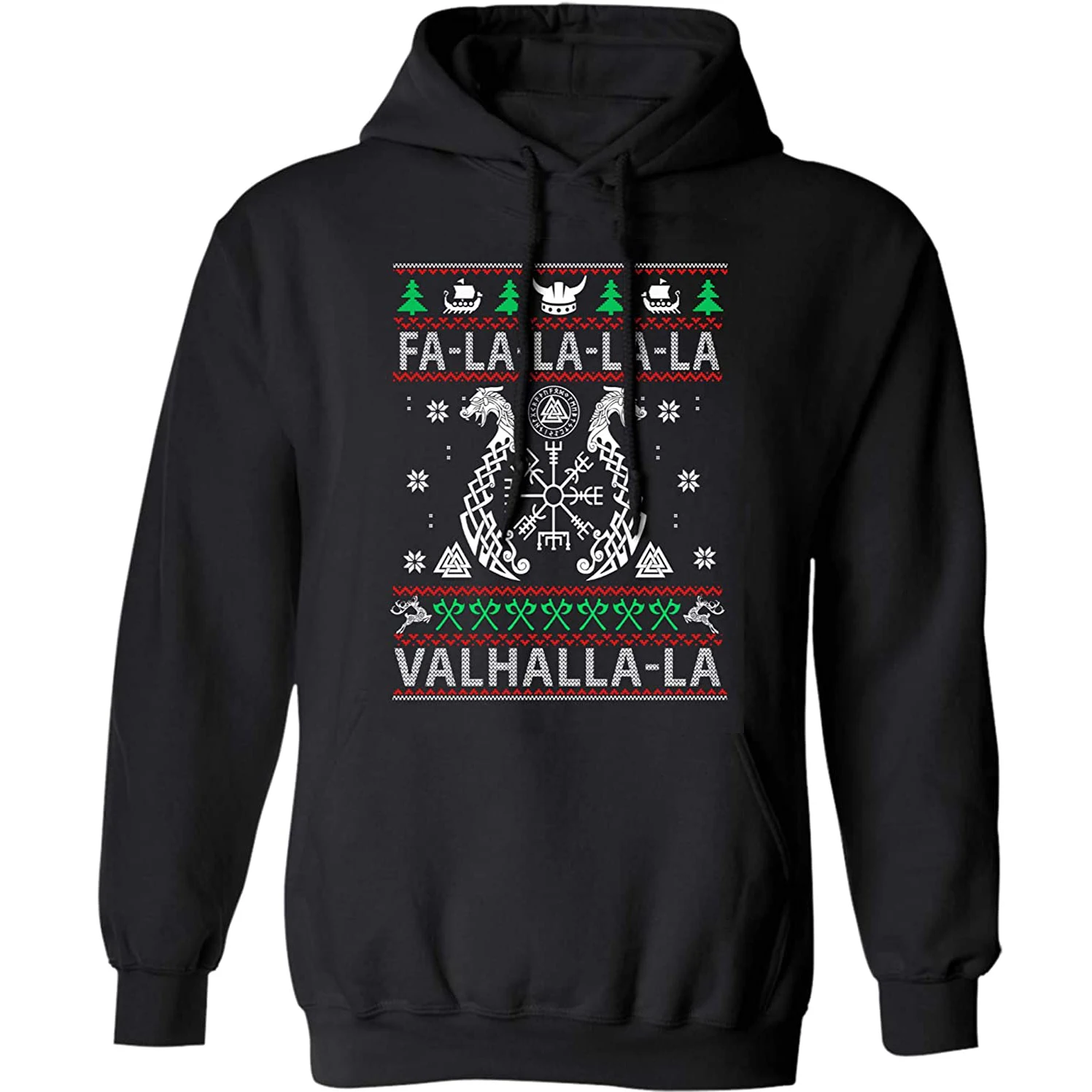 

FA La La Valhalla La Compass Vegvisir Rune Viking Dragon Boat Ugly Christmas Pullover Hoodie 100% Cotton Casual Mens Streetwear