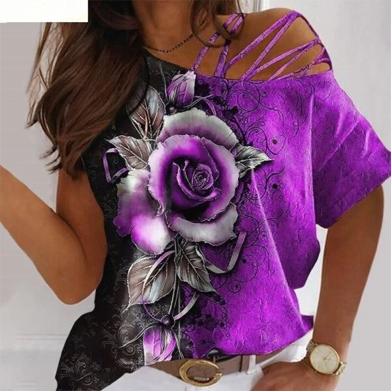 

Женская футболка с открытыми плечами, свободная стильная футболка с косым воротником и коротким рукавом, с принтом розы, для отдыха, летняя одежда