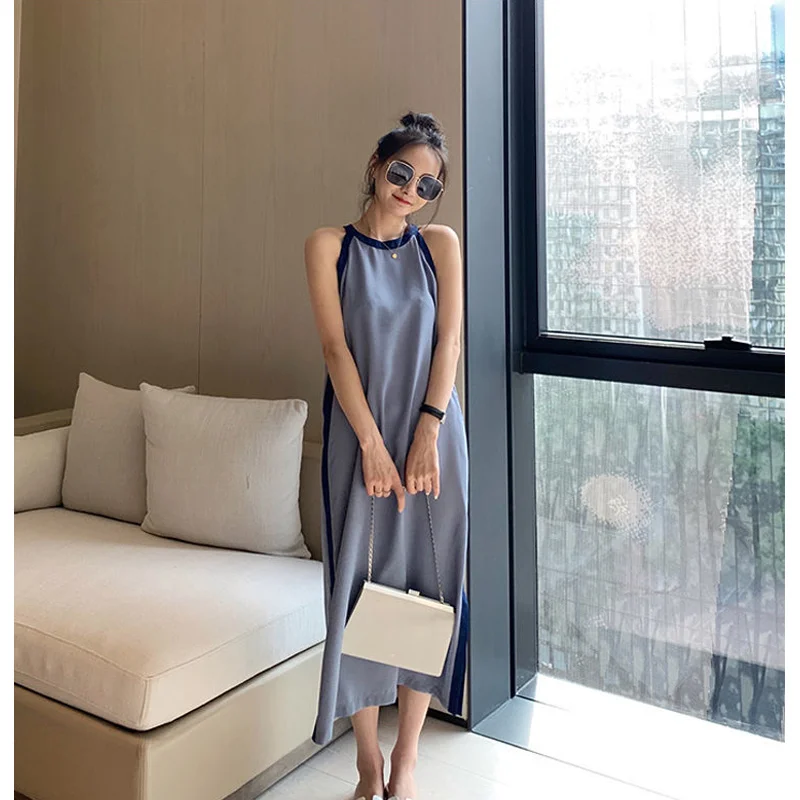 

Summer New Contrast Off Shoulder Sleeveless Dress Solid Color Loose Lacing All-match Dresses Elegant Fashion Women Clothing