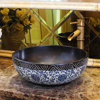 Vintage Ceramic Blue And White Porcelain Artistic Above Counter Bathroom Vessel Sink Wash Basin Bowl
