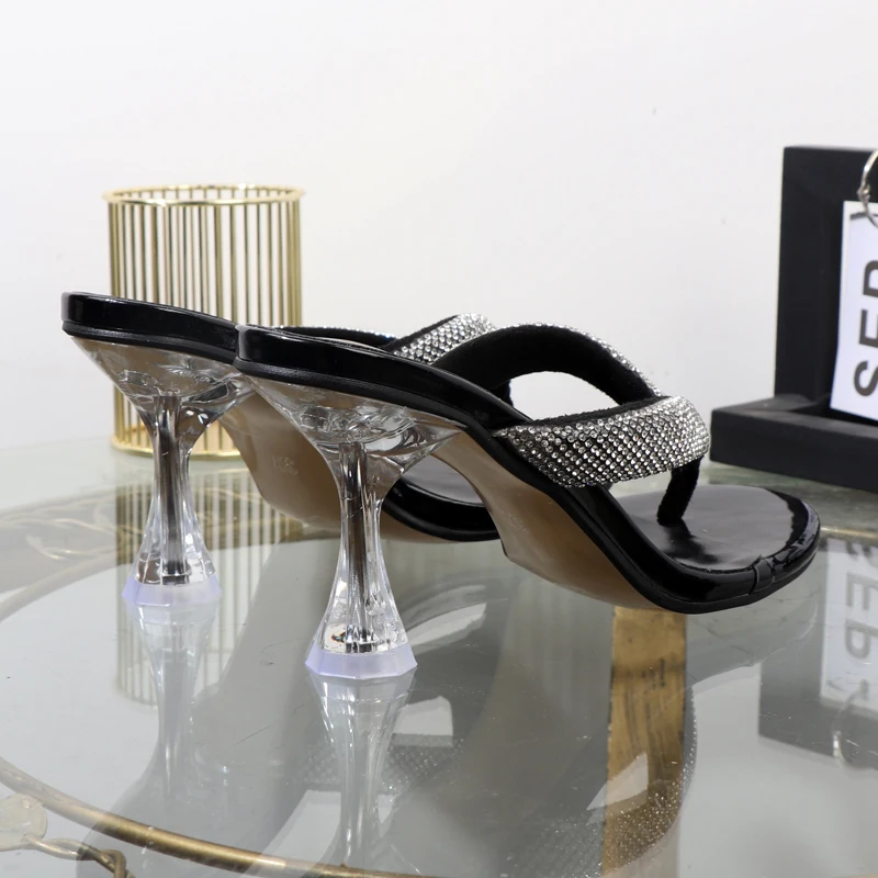 flip-flops 2023 new summer high-heeled rhinestone toe-clip slippers Transparent thin-heeled solid-color heeles shoes 8CM