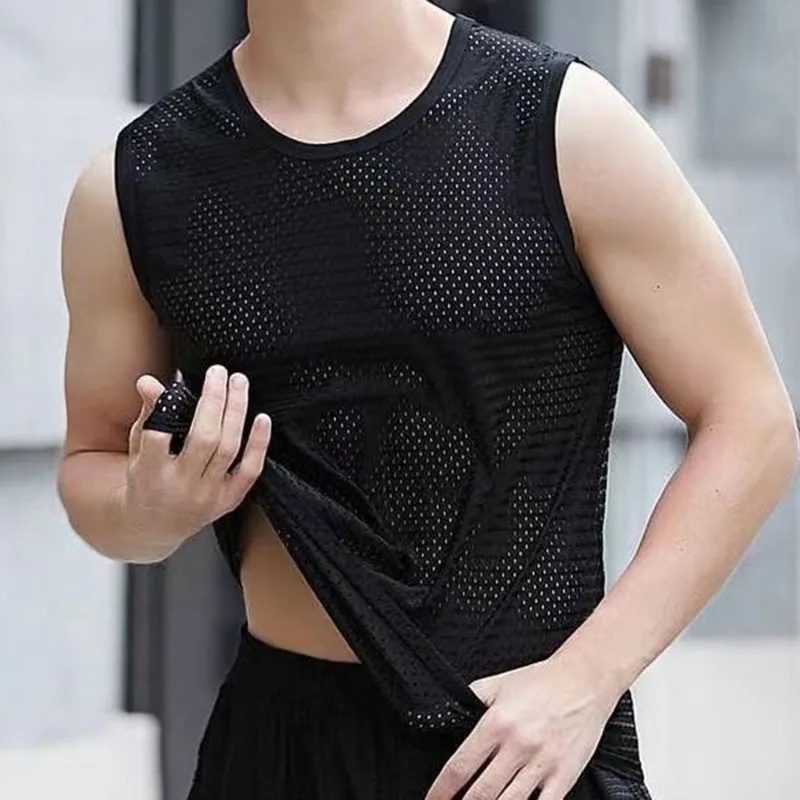 

Men Ice Silk Tank Tops Underwear Mens Undershirt Transparent Shirts Male Body Shaper Wrestling Fitness Mesh Breathable Singletss