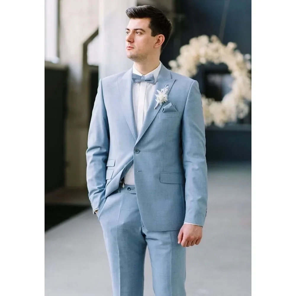 Свадебные мужские костюмы Синий однобортный пиковый лацкан наряды на плоской