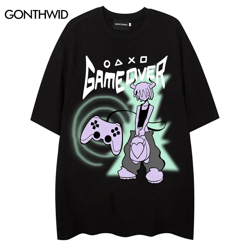 

Футболка Y2K мужская оверсайз, уличная одежда в стиле хип-хоп, с мультипликационным геймпадом в стиле ретро, модный топ в стиле Харадзюку и панк с графическим принтом для девушек