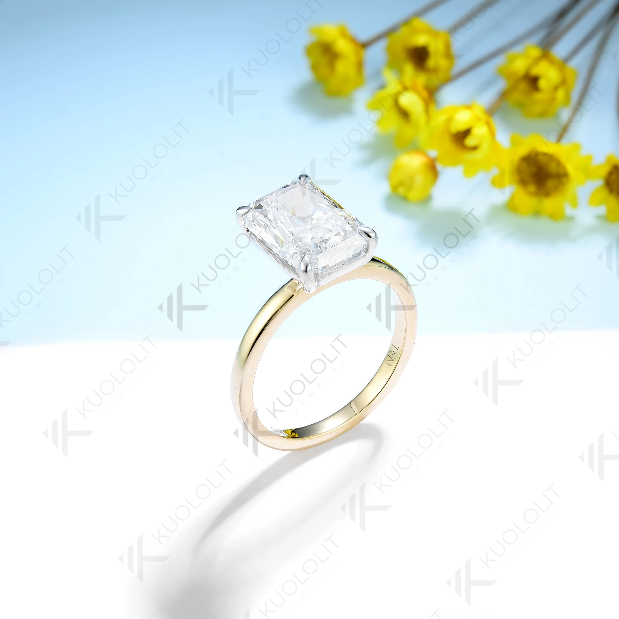 Кольца Kuololit с муассанитом 4 карата для женщин двухцветные однотонные из желтого