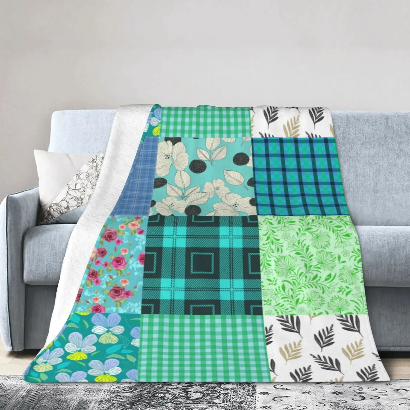 

Blue Stitched Flowers Flannel Blanket Sofa Warm Soft Living Room Cover Office Outdoor Travel 60*80 Inch
