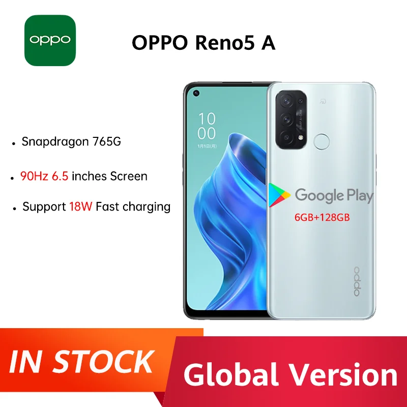 

OPPO Reno5 A Global Version 5G Smartphone 6GB 128GB 64MP Quad Cameras Snapdragon 765G 6.5'' 90Hz FHD+ Screen IP68 Reno 5A Phone