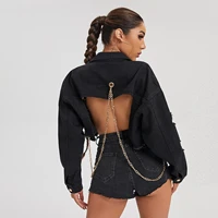 black cowboy coat for women cotton fashion jeans jacket long sleeve pocket cardigan streetwear outwear tops female clothing
