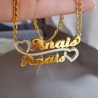 custom double nameplate necklace personalized double heart 3d pendant figaro chain custom name necklace for women jewelry