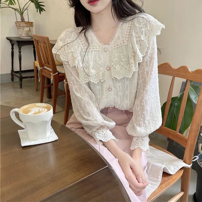 Женская модная Милая Кружевная рубашка на пуговицах женская элегантная белая