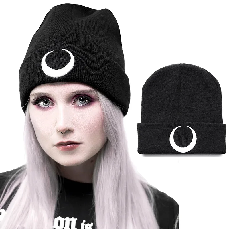 

Grunge Black Knitted Caps Hats Harajuku Punk Moon Graphic Print Autumn Woman Cap Beanies Warmer Cap Women's Cap