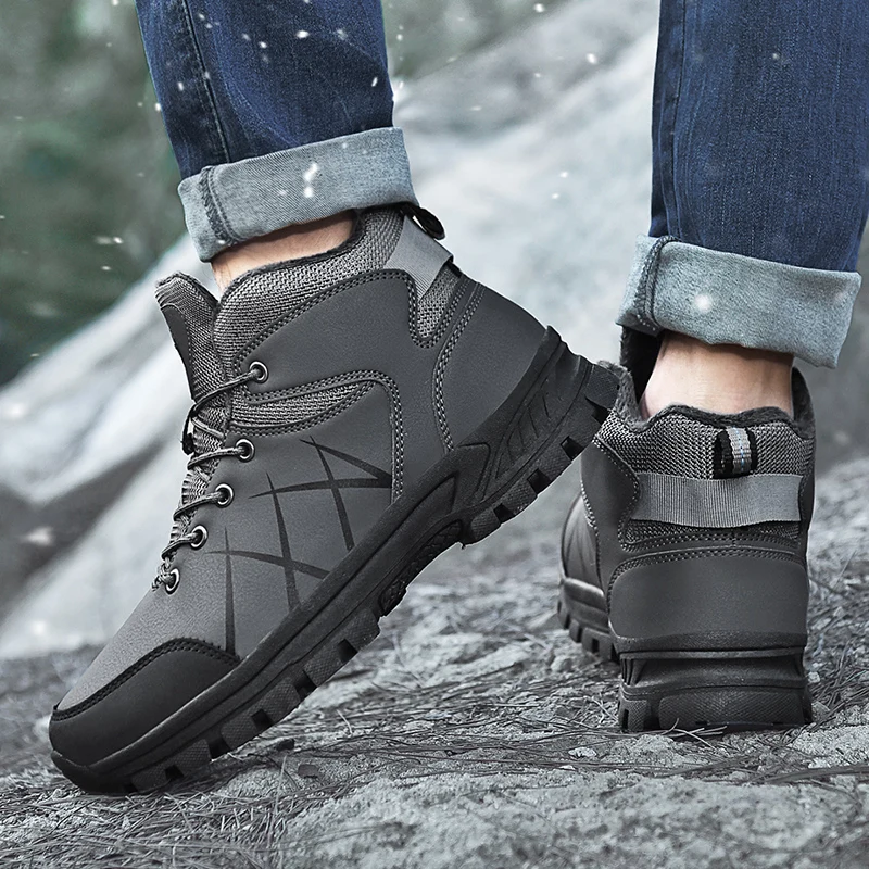 Men Winter Boots Blush Warm New Style PU Walking Shoes Outdoor Trekking Shoes Casual Mens Sneakers 39~48
