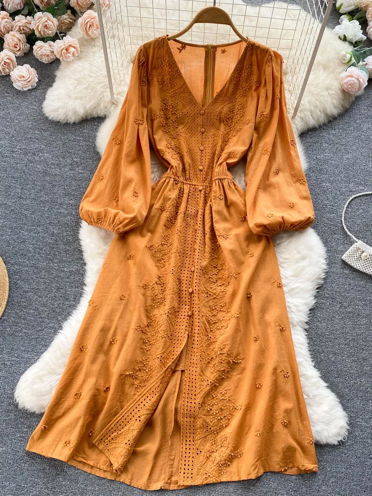 

Autumn French Chic Stunning Waist Thin V-Neck Temperament Dress Female Small Crochet Lantern Sleeve Long Vestidos Woman D1564