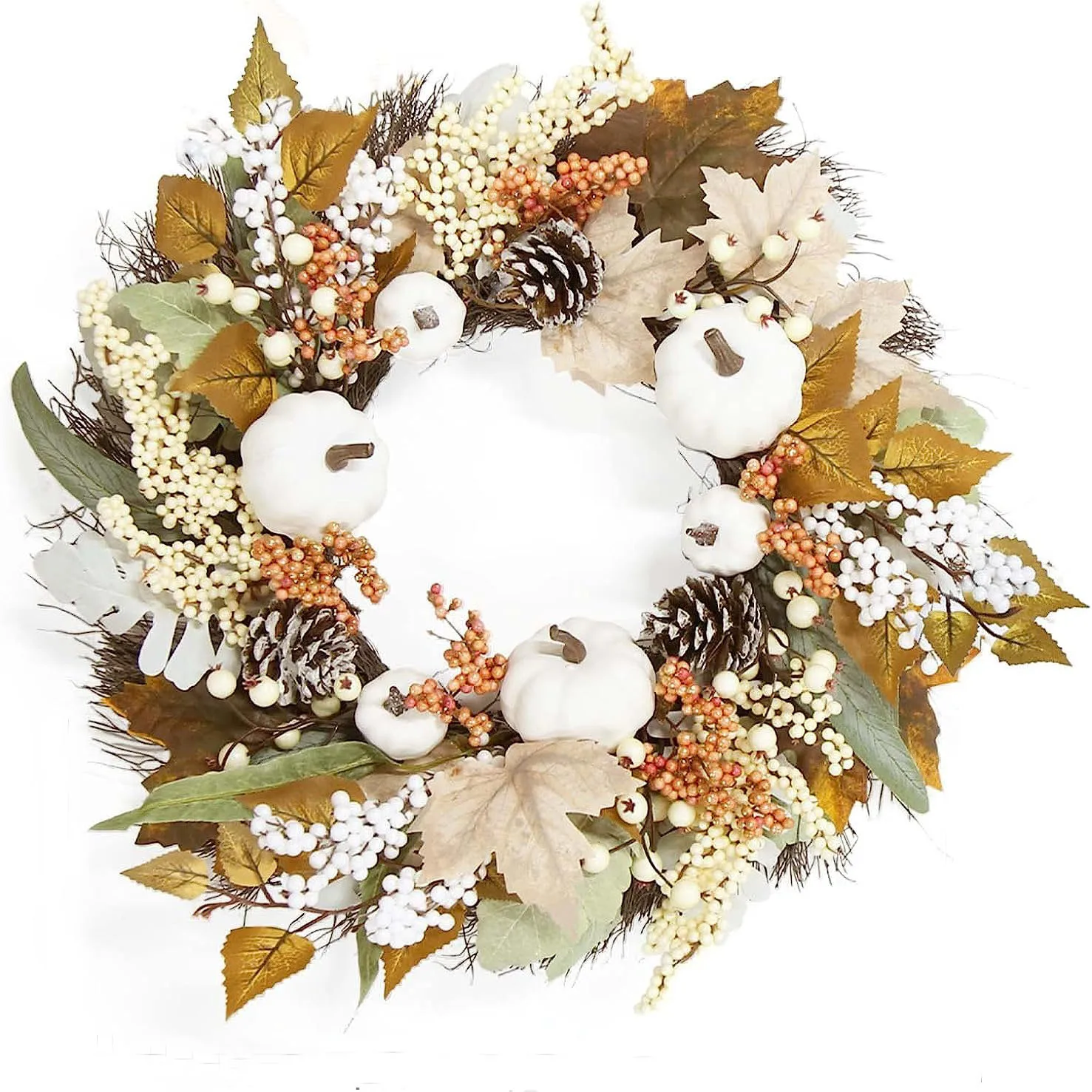

White cotton maple pine cone wreath white maple pumpkin ornament wall hanging