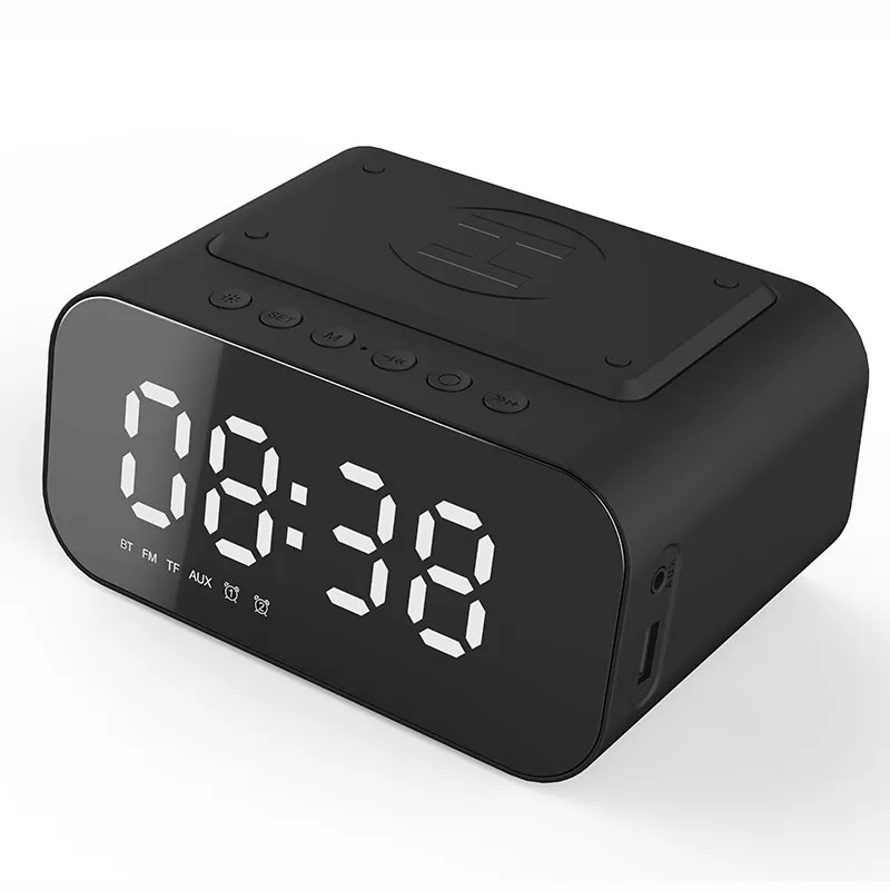 2023 New Digital Alarm Clock Bluetooth Speaker FM Radio Wireless Charger Phone Charging Pad USB Fast Charger Table Clock Sale