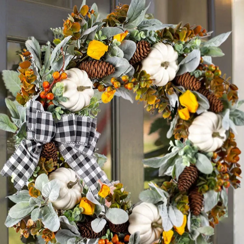 

Artificial Wreath for Front Door Thanksgiving Christmas Decoration Garland with Pumpkin Bow Tie for Home Decor Farmhouse Party