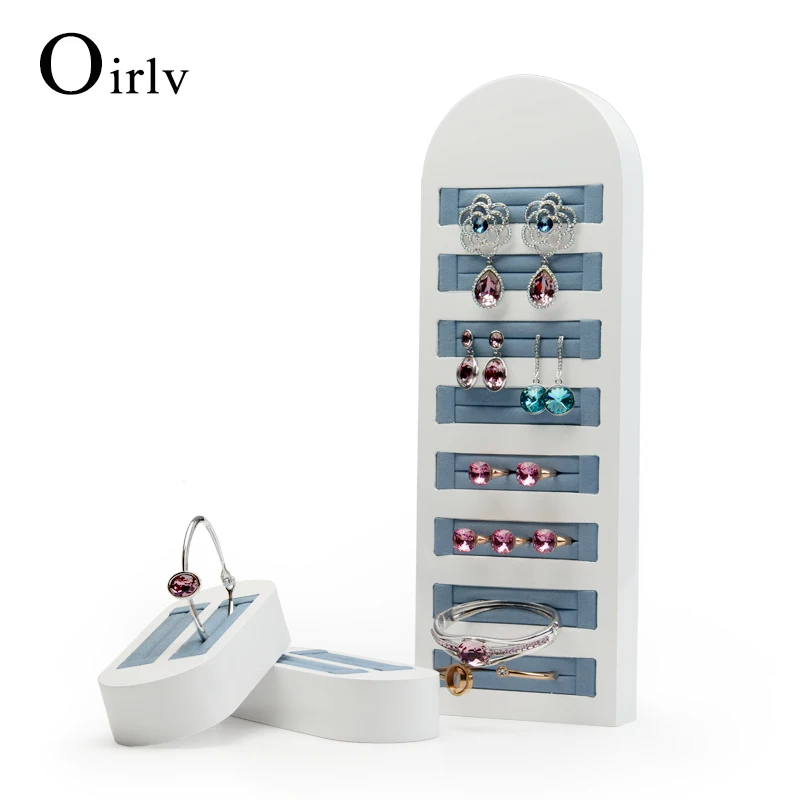 Oirlv Jewelry Organizer Earrings Wooden Ring Holder Earring Display Blue Micro Fibers Jewelry Storage White Wooden Jewelry Stand