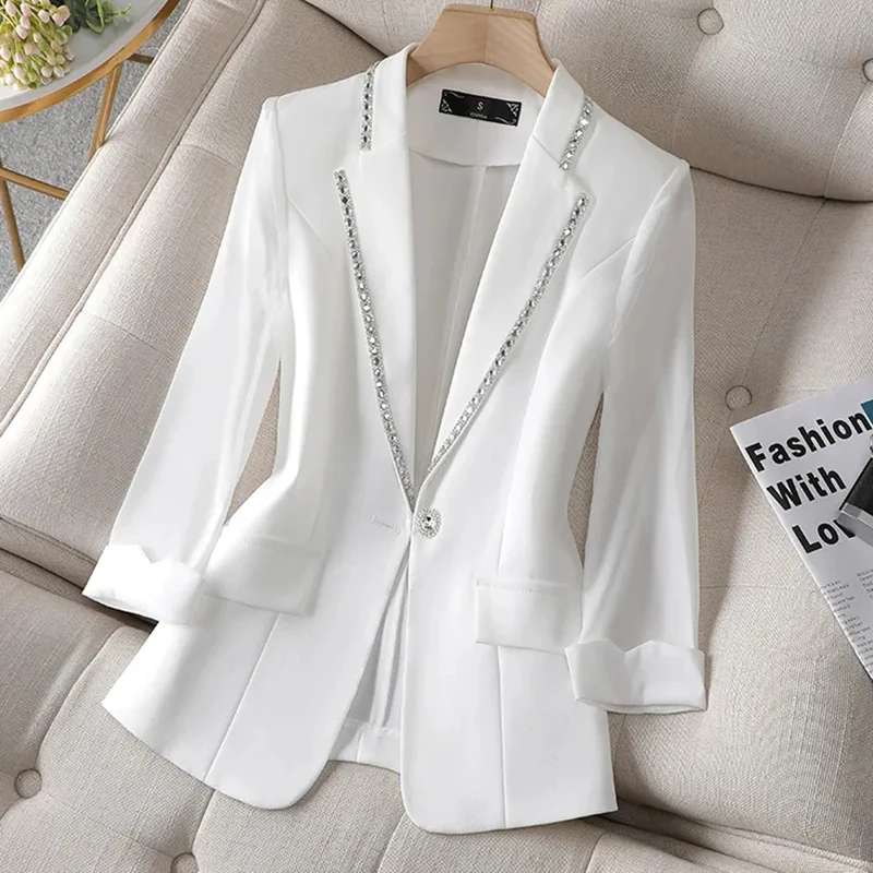 

Summer New Suit Jacket Women's Three Quarter Sleeve Thin Diamond Studded Blazer Female Casual Office Professional Outerwear 4XL