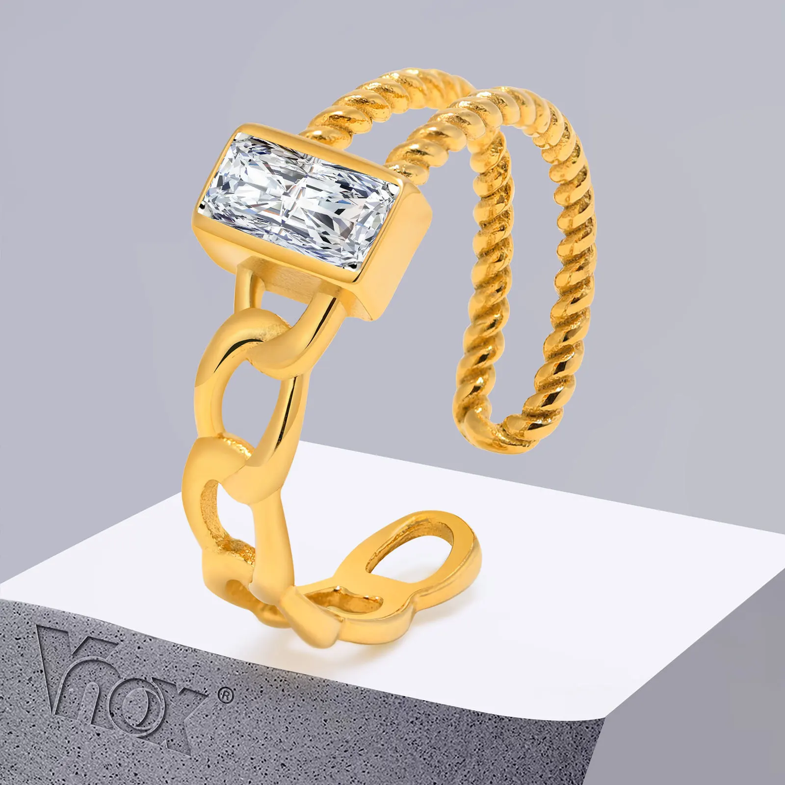 

Vnox Women Rings, Resizable Rope Cuban Chain with AAA CZ Stone Finger Band, Gold Color Stainless Steel Girls Cool Jewelry