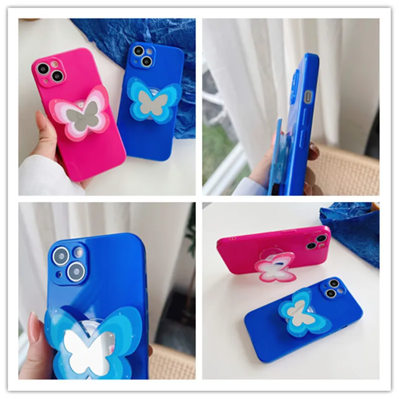 

Solid Color Glossy 3d Butterfly Bracket Soft Silicone Protective Shell Phone Case For iPhone 13 12 11 Pro XS MAX XR X 8 7 6 Plus