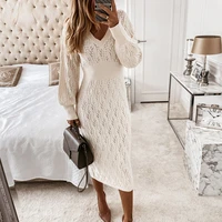 beige sweater dress woman new autumn elastic long sleeve v neck elegant hollow midi party dresses knitted fashion new