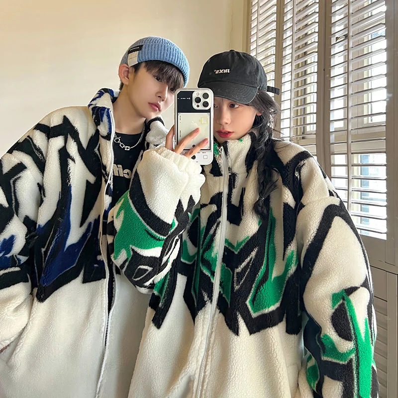 Winter Thick Jacket Men Warm Fashion Casual Printed Lamb Wool Coat Men Streetwear Loose Oversized Short Coat Men Clothes M-3XL