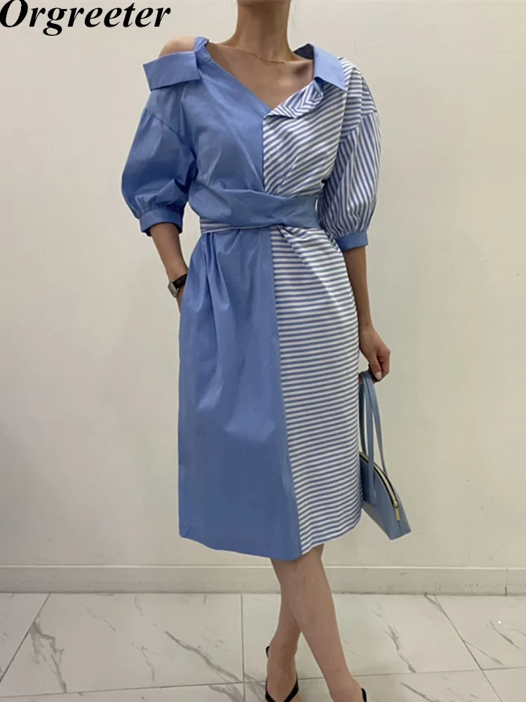 

Korean Summer Fashion Splicing Stripes Shirt Dress for Women Chic Asymmetric Strapless Bubble Sleeve Bandage Casual Loose Dress