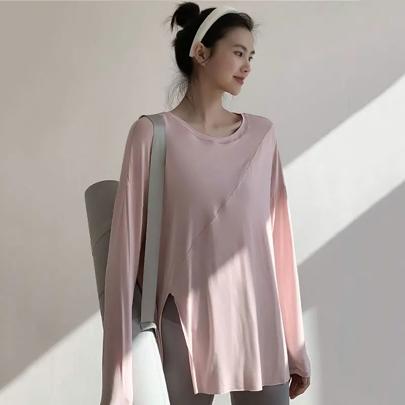 

Loose Outerwear Sports Yoga Clothes Women Spring Autumn Thin Breathable Quick-drying Shirt Running Fitness Mid-length T-shirt