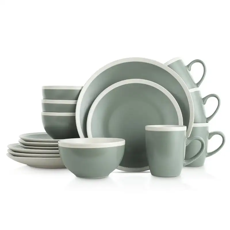

Stone Lain Serenity 16-Piece Stoneware Round Dinnerware, Service for 4, 2-Tone, Green and Cream Tableware Set Restaurant Home Gi