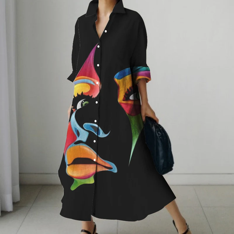 3D Printed Shirt Dress Fashion Casual Long Sleeve Lapel Spring and Autumn Comfortable Loose Women's High Low Dresses