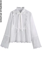 pailete women 2022 fashion with bow cutwork embroidery blouses vintage ruffled collar long sleeve female shirts blusas chic tops