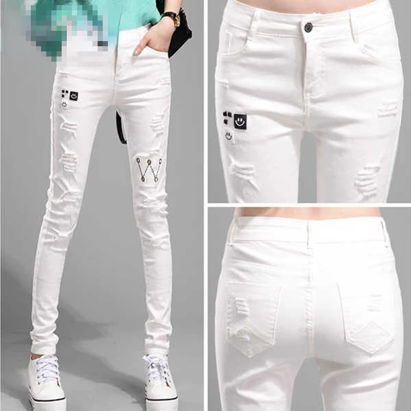 

Autumn Summer Hole Ripped Jeans Women Sexy Denim High Waist Elastic Pencil Pants Skinny Slim Black White Jean Pants Female E32