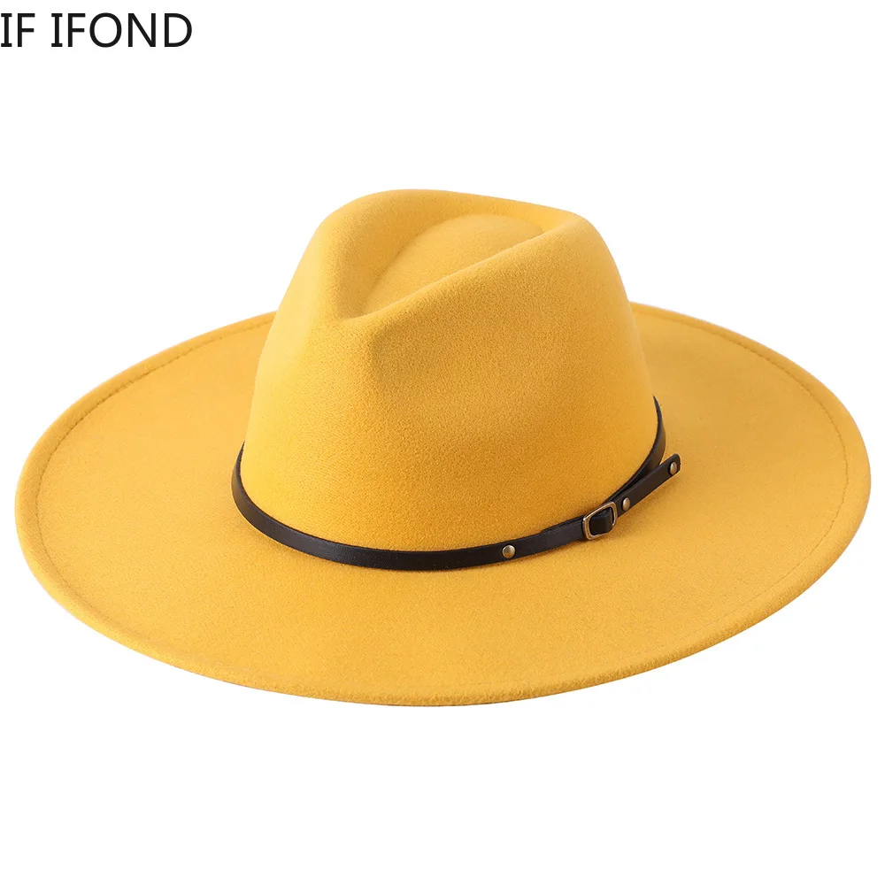 Wool Warm Wide Brim Fedora Hats Women Solid Color Top Jazz Felt Hat For Men Panama Gamble Yellow Hats