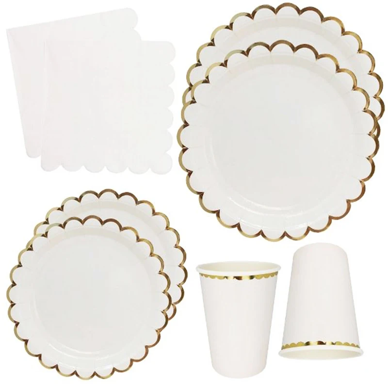 

White Gold Wedding Party Supplies Disposable Dinnerware White Paper Plates Cups Gold for Baby Birthday Balloon Party Decorations