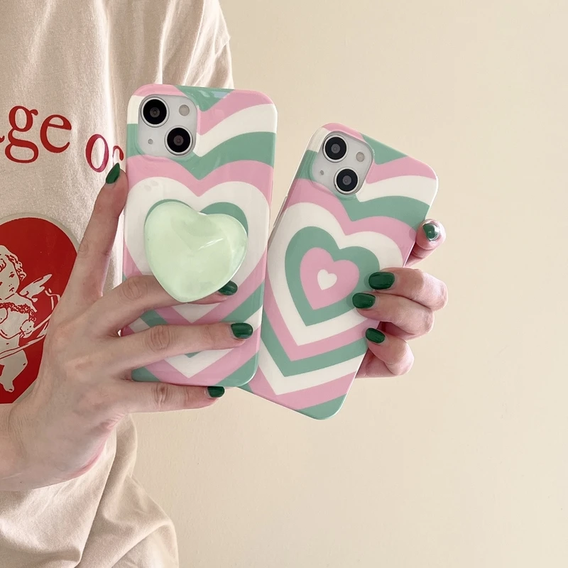 

Korean Cute Gradient Colorful Love Heart Bracket Phone Case For iPhone 11 12 13 Pro Xs Max Xr X Shockproof Soft Silicone Cover