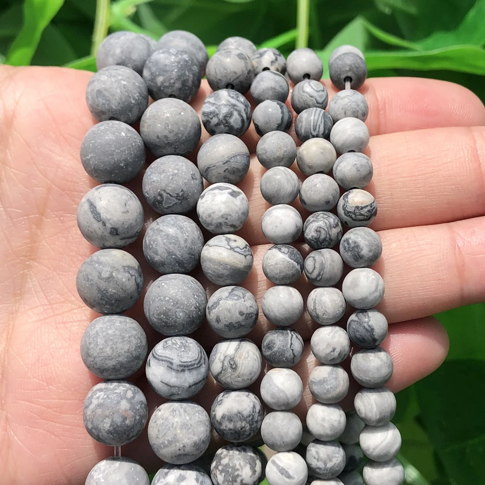 A+ Natural Matte Grey Map Stone Beads Loose Round Spacer Bead For Jewelry Making 4/6/8/10mm 15'' DIY Bracelet&Necklace