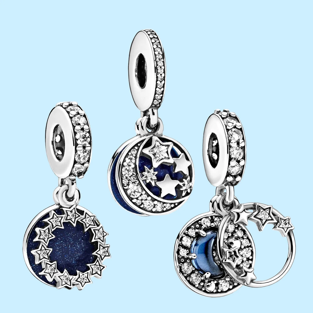 ChimConstellations of Love Dangle Charm for Women, Blue Night Sky, Crescent Moon and Stars, 925 Silver Bracelet, DIY