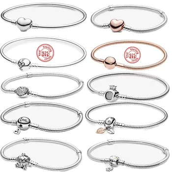 Top Sale 925 Sterling Silver Heart Leaves Clasp Femme Snake Chain Bracelets Fit Original Brand Charm Bead DIY Jewelry Women Gift 1