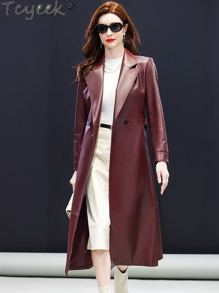 Tcyeek куртка из натуральной кожи женское пальто овчины Тренчи средней длины для